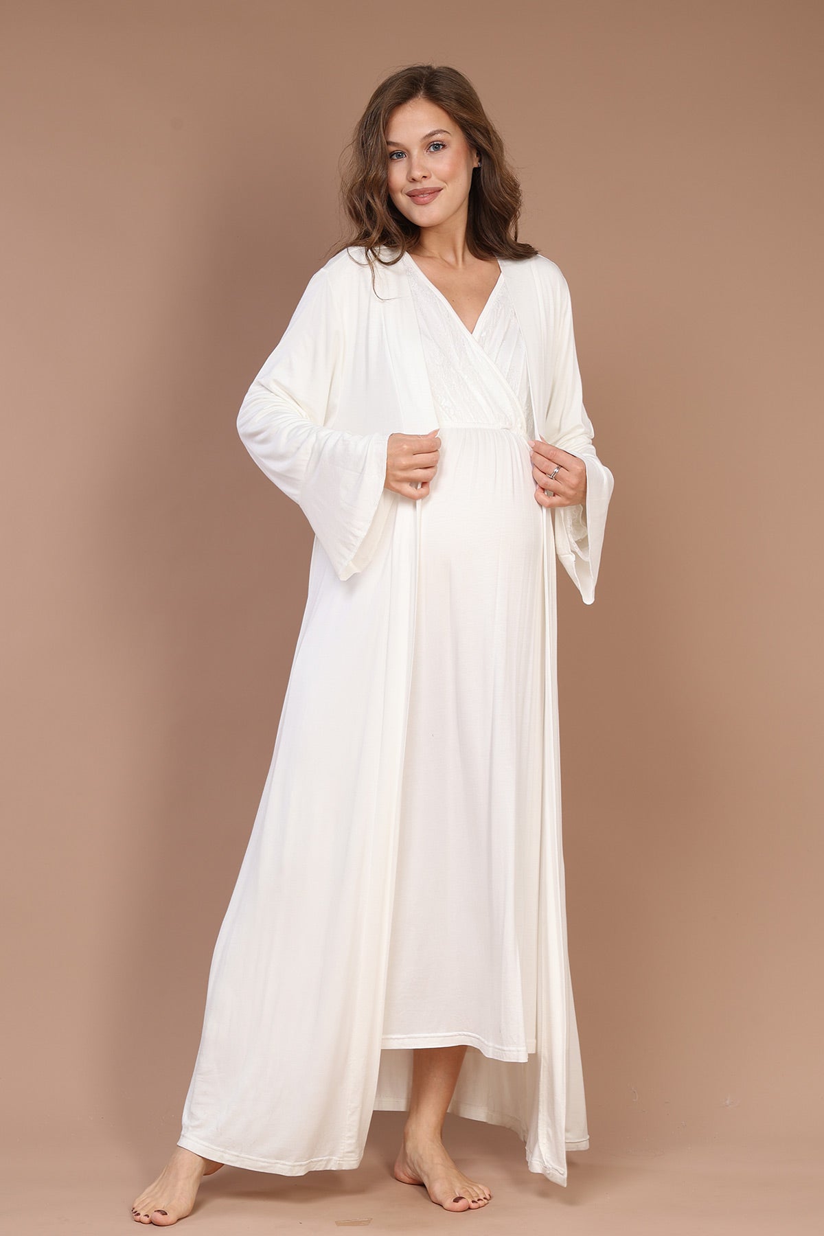 Lacy Collar Maternity-Nursing Nightgown & Robe Set Ecru - 616