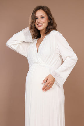 Lacy Collar Maternity-Nursing Nightgown & Robe Set Ecru - 616