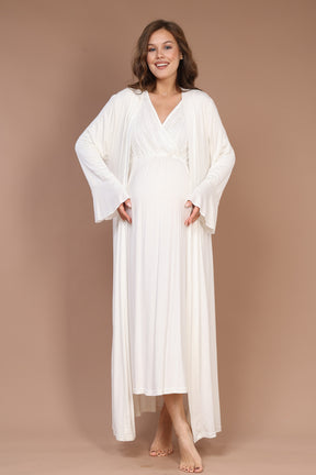 Lacy Collar Maternity-Nursing Nightgown & Robe Set Ecru - 616