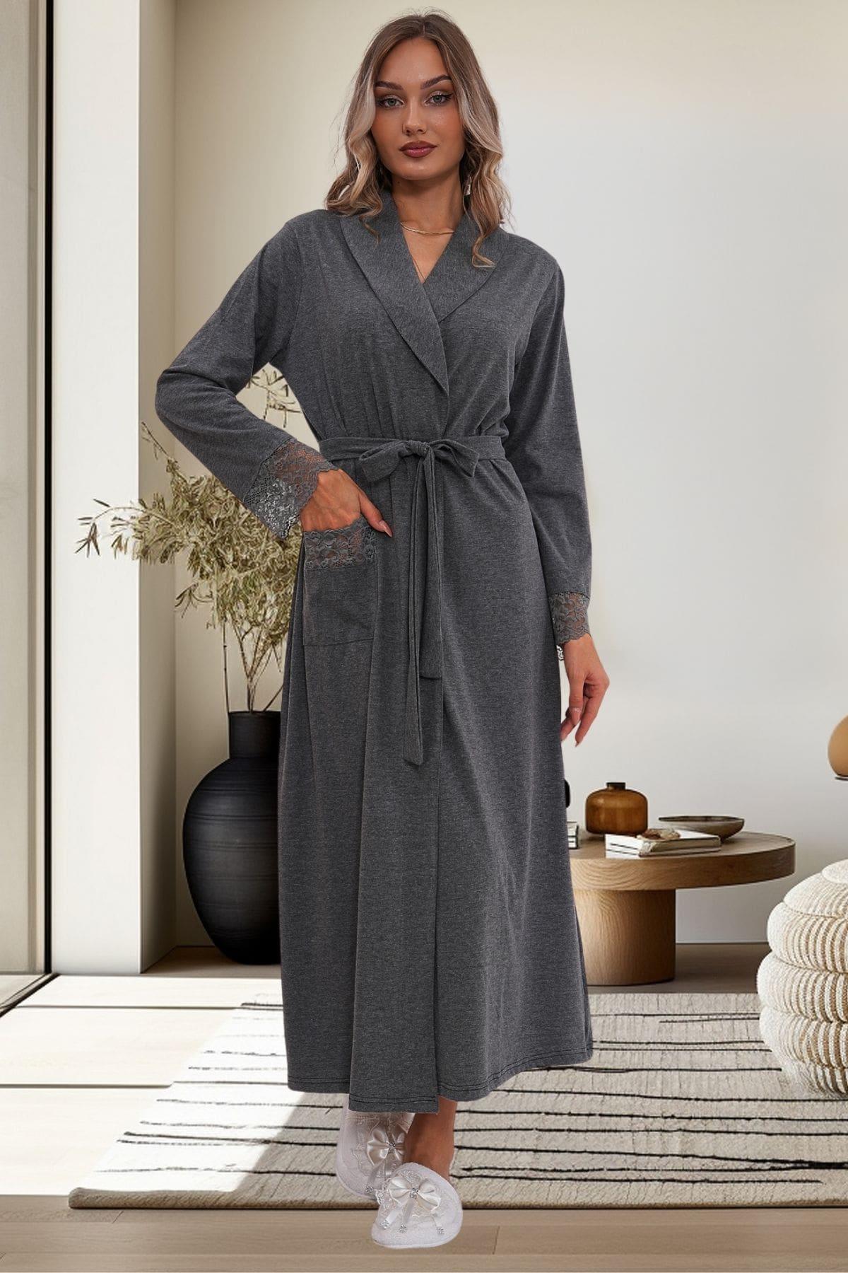 Flowery Guipure Collar 3-Piece Maternity-Nursing Pajama & Robe Set Charcoal - 6170