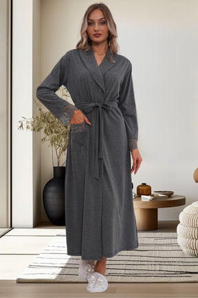 Flowery Guipure Collar 3-Piece Maternity-Nursing Pajama & Robe Set Charcoal - 6170