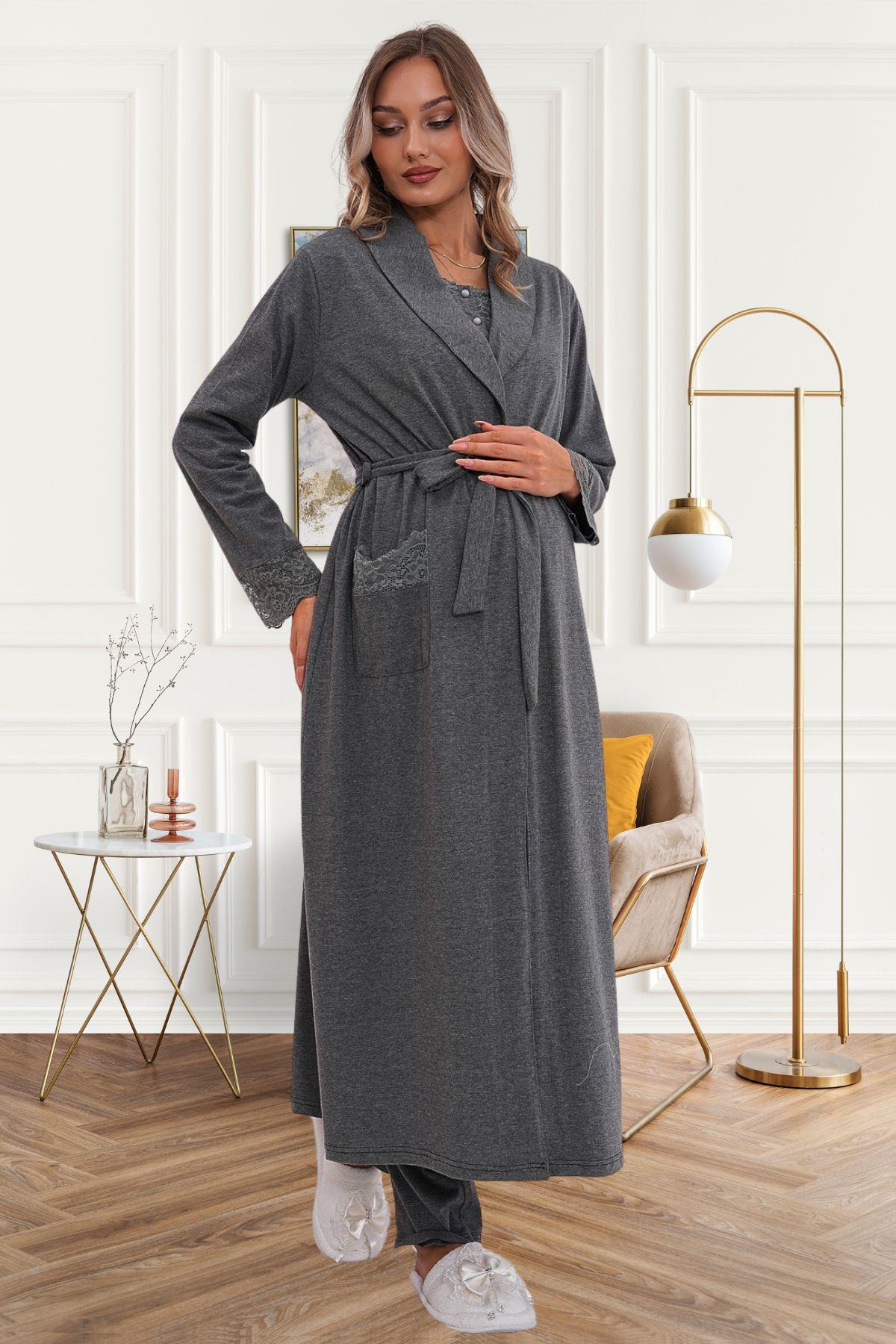 Flowery Guipure Collar 3-Piece Maternity-Nursing Pajama & Robe Set Charcoal - 6170