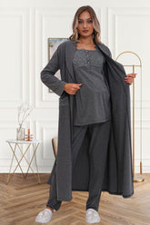 Flowery Guipure Collar 3-Piece Maternity-Nursing Pajama & Robe Set Charcoal - 6170