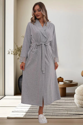 Flowery Guipure Collar 3-Piece Maternity-Nursing Pajama & Robe Set Grey - 6170