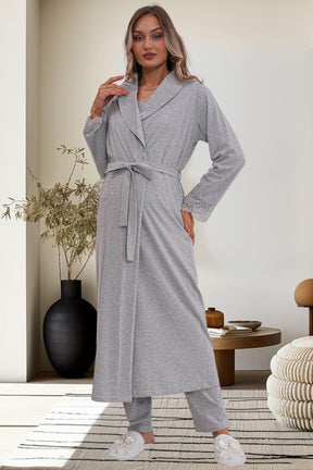 Flowery Guipure Collar 3-Piece Maternity-Nursing Pajama & Robe Set Grey - 6170