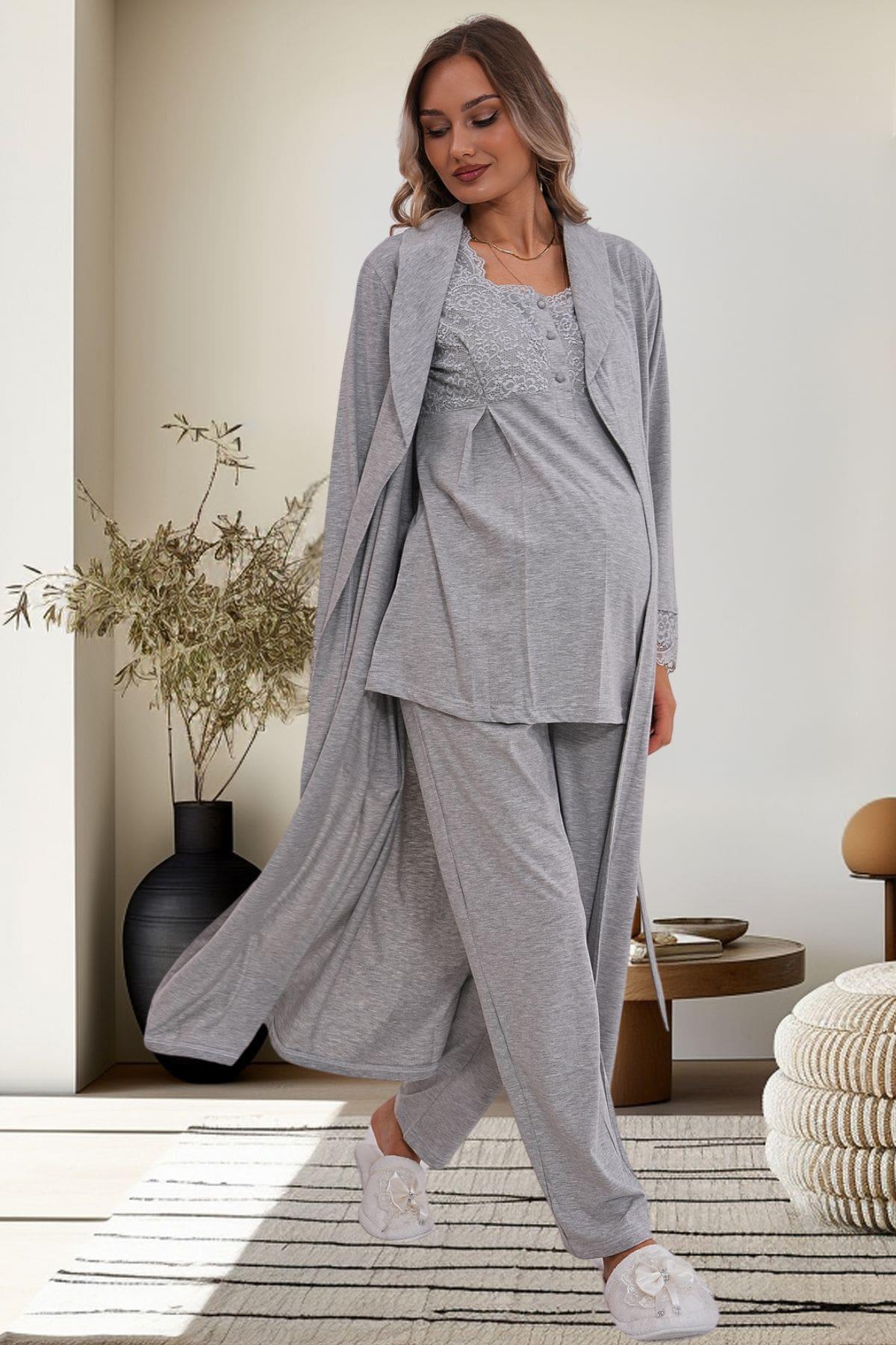 Flowery Guipure Collar 3-Piece Maternity-Nursing Pajama & Robe Set Grey - 6170