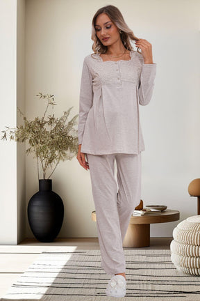 Flowery Guipure Collar 3-Piece Maternity-Nursing Pajama & Robe Set Mink - 6170