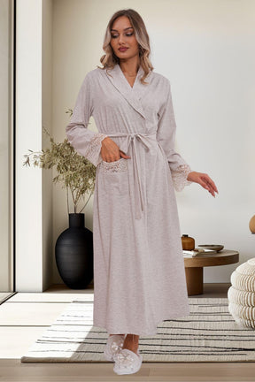 Flowery Guipure Collar 3-Piece Maternity-Nursing Pajama & Robe Set Mink - 6170