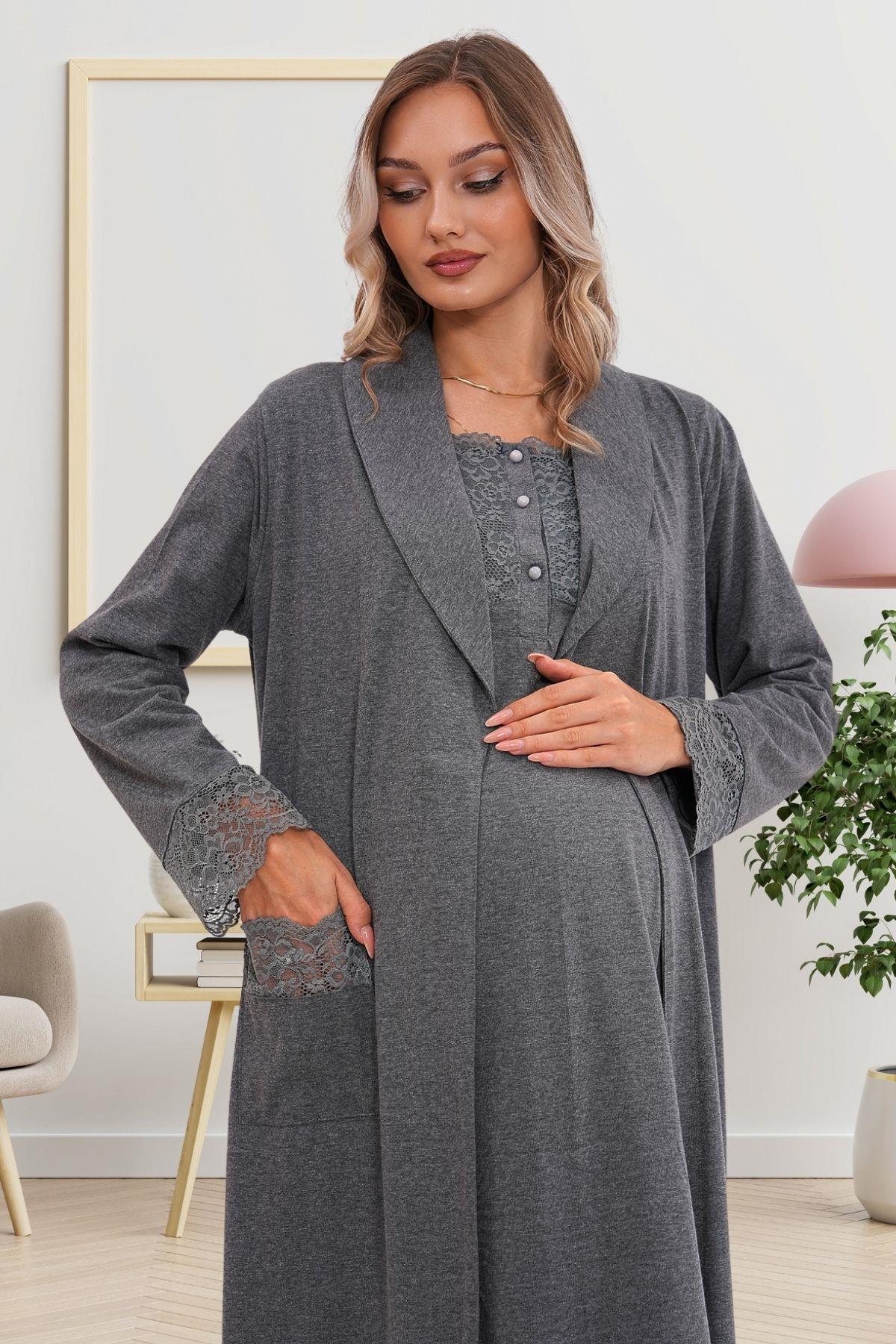 Flowery Guipure Collar Maternity-Nursing Nightgown & Robe Set Charcoal - 6171