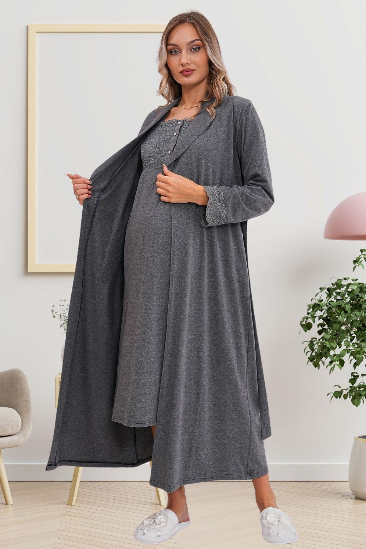 Flowery Guipure Collar Maternity-Nursing Nightgown & Robe Set Charcoal - 6171