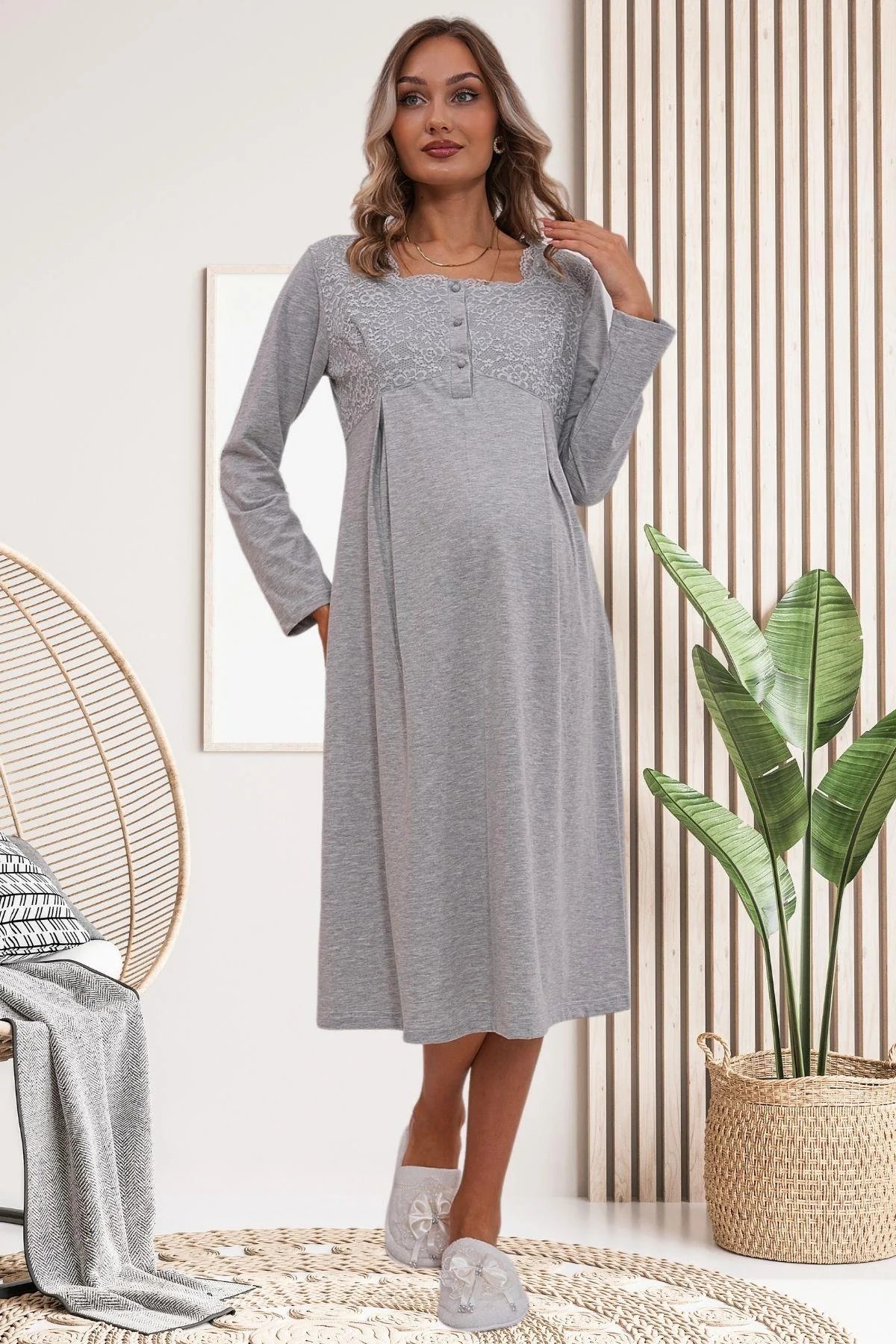 Flowery Guipure Collar Maternity-Nursing Nightgown & Robe Set Grey - 6171