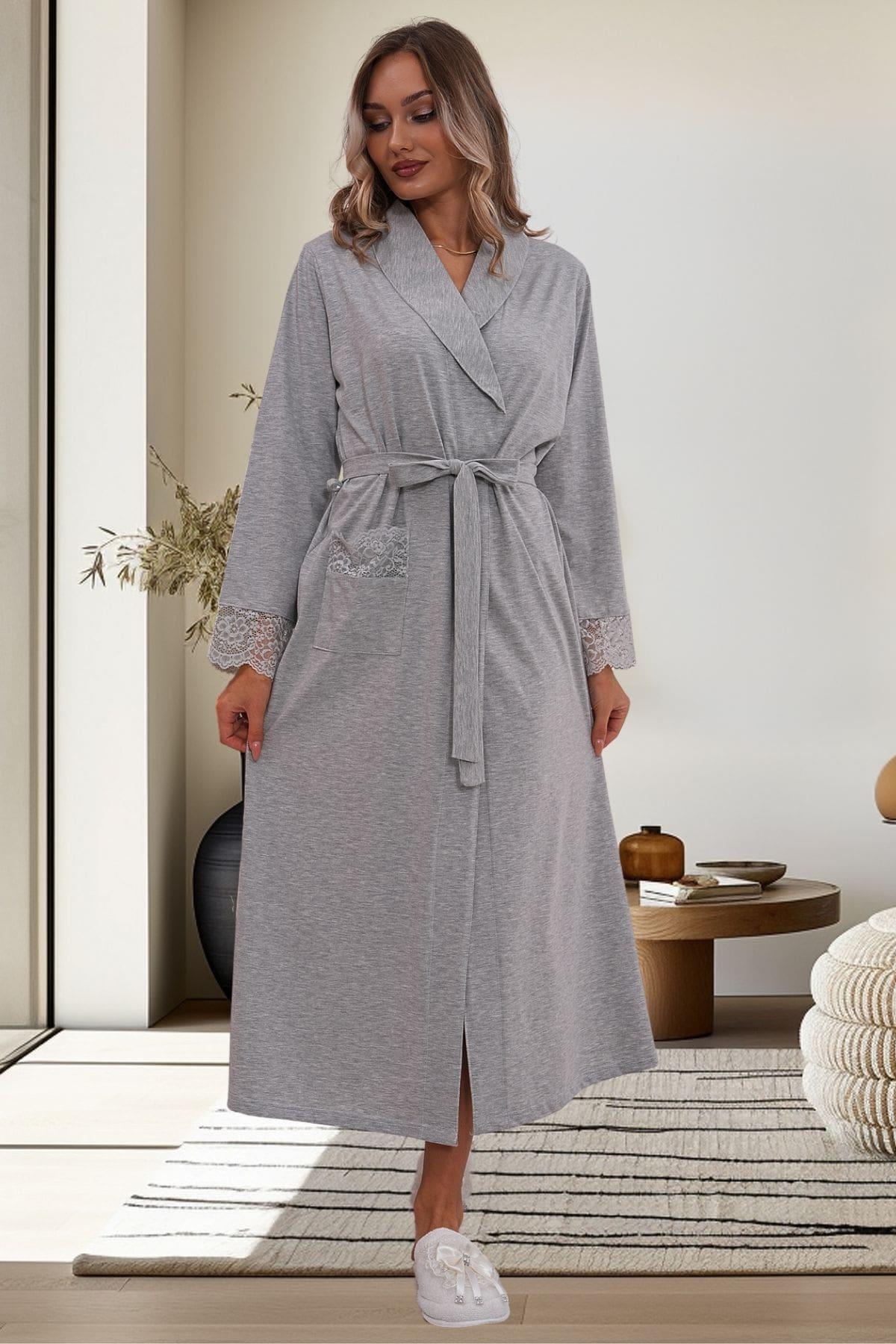 Flowery Guipure Collar Maternity-Nursing Nightgown & Robe Set Grey - 6171