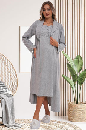 Flowery Guipure Collar Maternity-Nursing Nightgown & Robe Set Grey - 6171