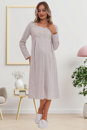 Flowery Guipure Collar Maternity-Nursing Nightgown & Robe Set Mink - 6171