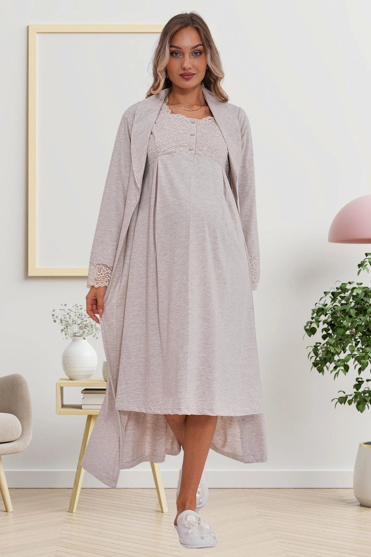 Flowery Guipure Collar Maternity-Nursing Nightgown & Robe Set Mink - 6171