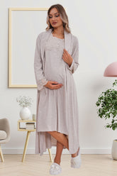 Flowery Guipure Collar Maternity-Nursing Nightgown & Robe Set Mink - 6171