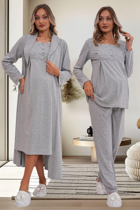 Flowery Guipure Collar 4-Piece Maternity-Nursing Set Grey - 6172