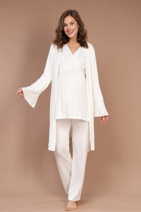 Lacy Collar 3-Piece Maternity-Nursing Pajama & Robe Set Ecru - 617