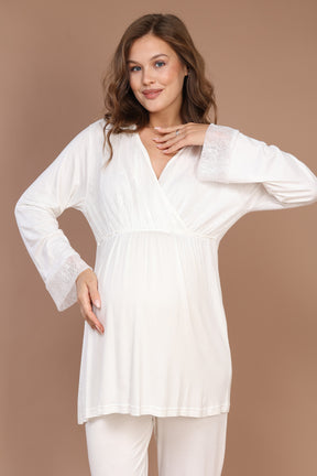 Lacy Collar 3-Piece Maternity-Nursing Pajama & Robe Set Ecru - 617