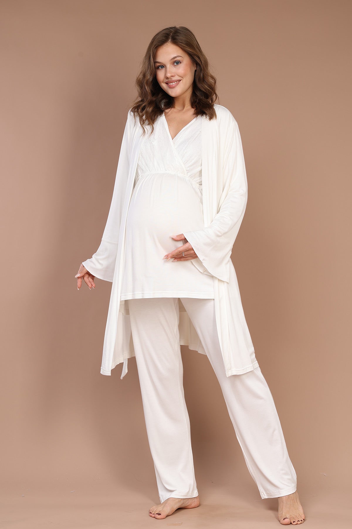 Lacy Collar 3-Piece Maternity-Nursing Pajama & Robe Set Ecru - 617