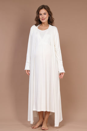 Breastfeeding Detailed Maternity-Nursing Nightgown & Robe Set Ecru - 621