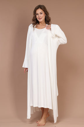 Breastfeeding Detailed Maternity-Nursing Nightgown & Robe Set Ecru - 621