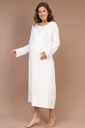 Breastfeeding Detailed Maternity-Nursing Nightgown & Robe Set Ecru - 621