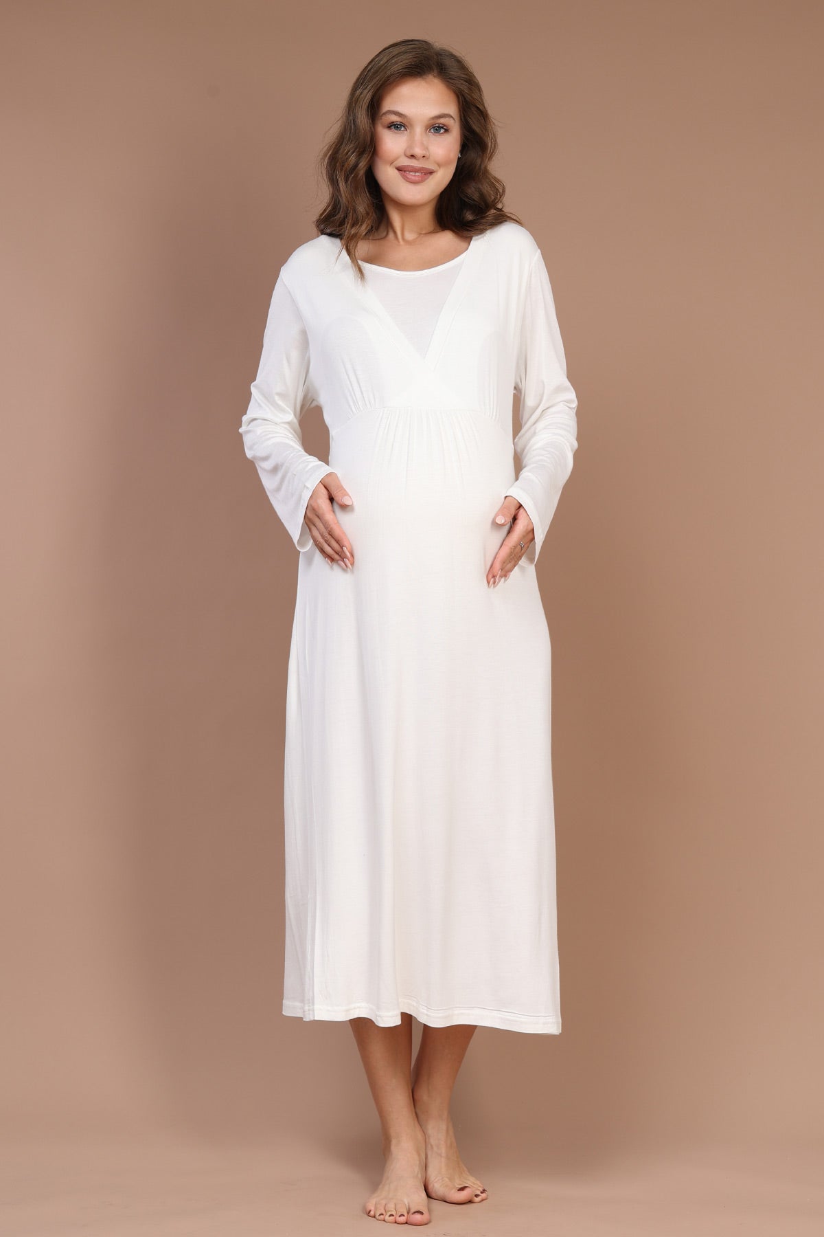 Breastfeeding Detailed Maternity-Nursing Nightgown & Robe Set Ecru - 621