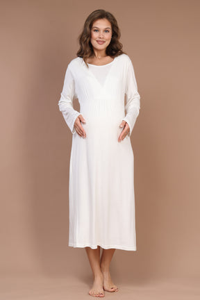 Breastfeeding Detailed Maternity-Nursing Nightgown & Robe Set Ecru - 621