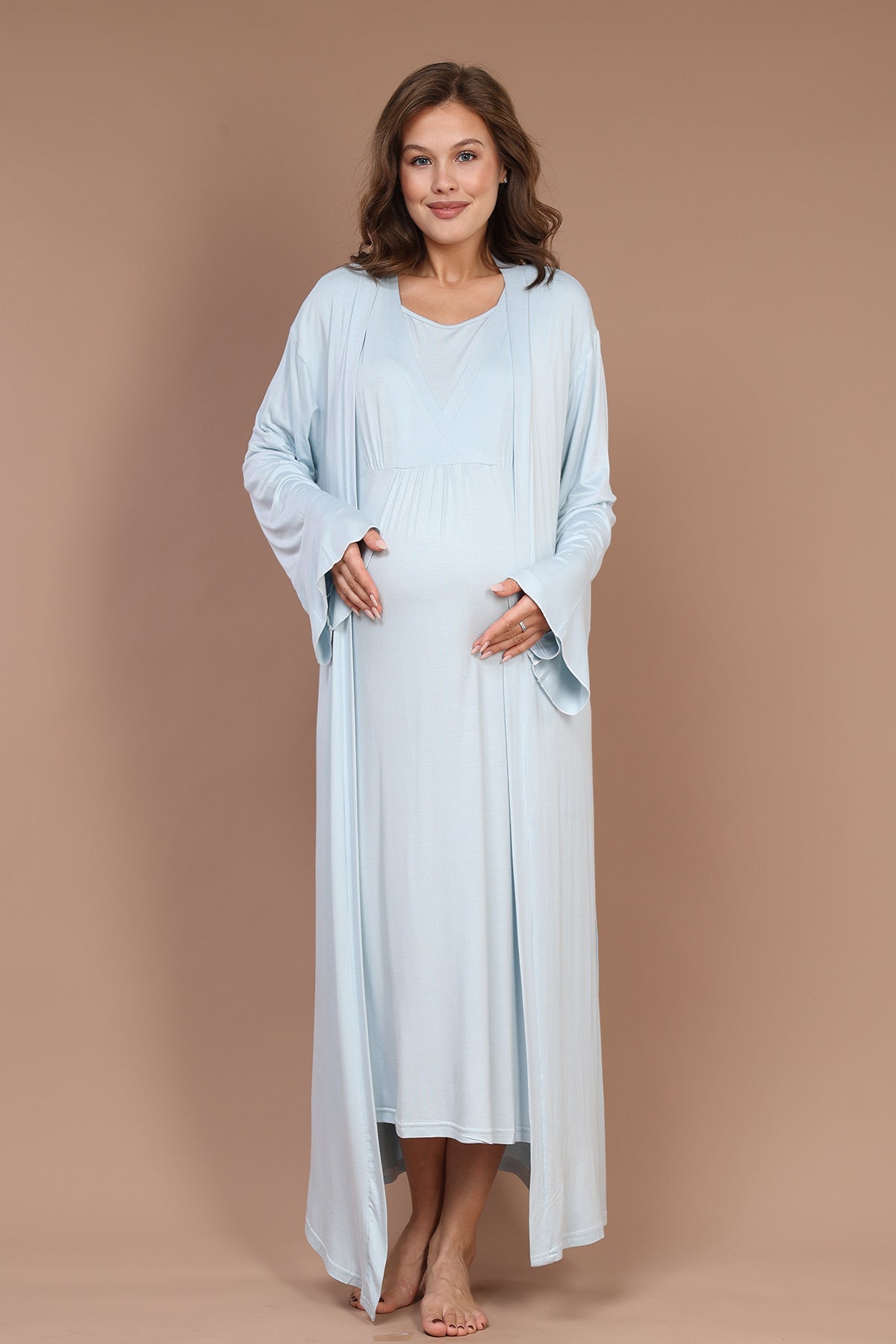 Breastfeeding Detailed Maternity-Nursing Nightgown & Robe Set Blue - 622