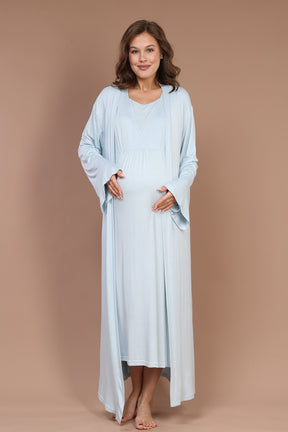 Breastfeeding Detailed Maternity-Nursing Nightgown & Robe Set Blue - 622