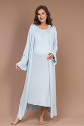 Breastfeeding Detailed Maternity-Nursing Nightgown & Robe Set Blue - 622