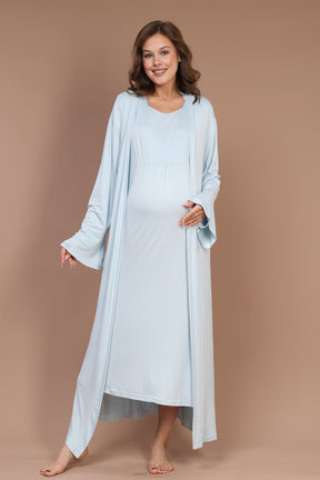 Breastfeeding Detailed Maternity-Nursing Nightgown & Robe Set Blue - 622