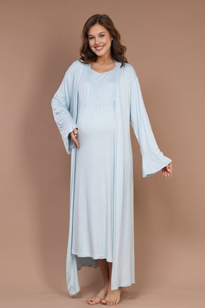 Breastfeeding Detailed Maternity-Nursing Nightgown & Robe Set Blue - 622