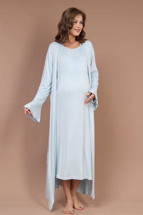 Breastfeeding Detailed Maternity-Nursing Nightgown & Robe Set Blue - 622