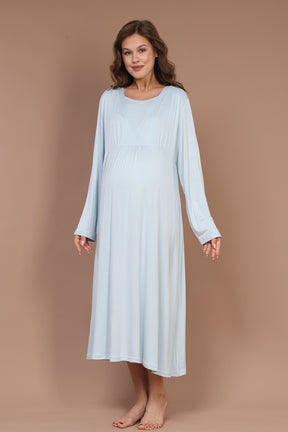 Breastfeeding Detailed Maternity-Nursing Nightgown & Robe Set Blue - 622