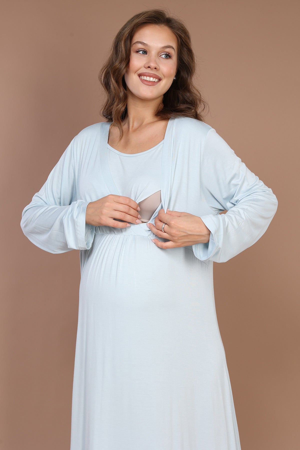 Breastfeeding Detailed Maternity-Nursing Nightgown & Robe Set Blue - 622