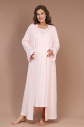 Breastfeeding Detailed Maternity-Nursing Nightgown & Robe Set Pink - 623