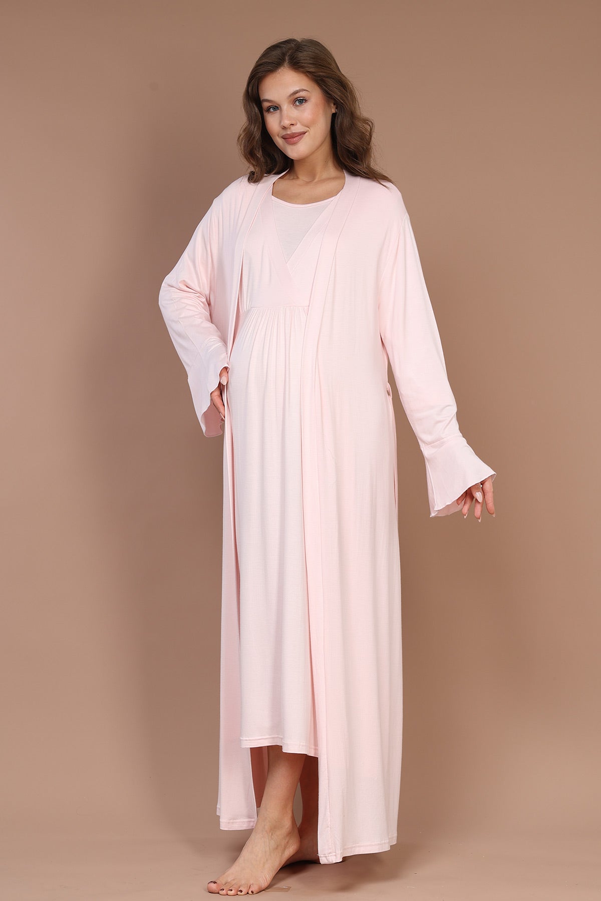 Breastfeeding Detailed Maternity-Nursing Nightgown & Robe Set Pink - 623