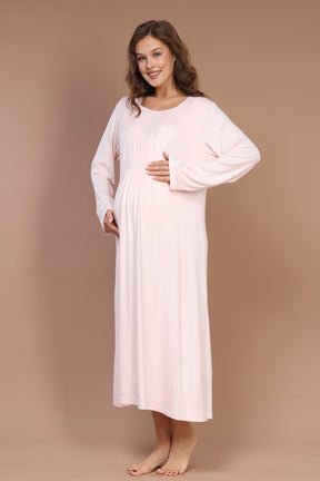 Breastfeeding Detailed Maternity-Nursing Nightgown & Robe Set Pink - 623