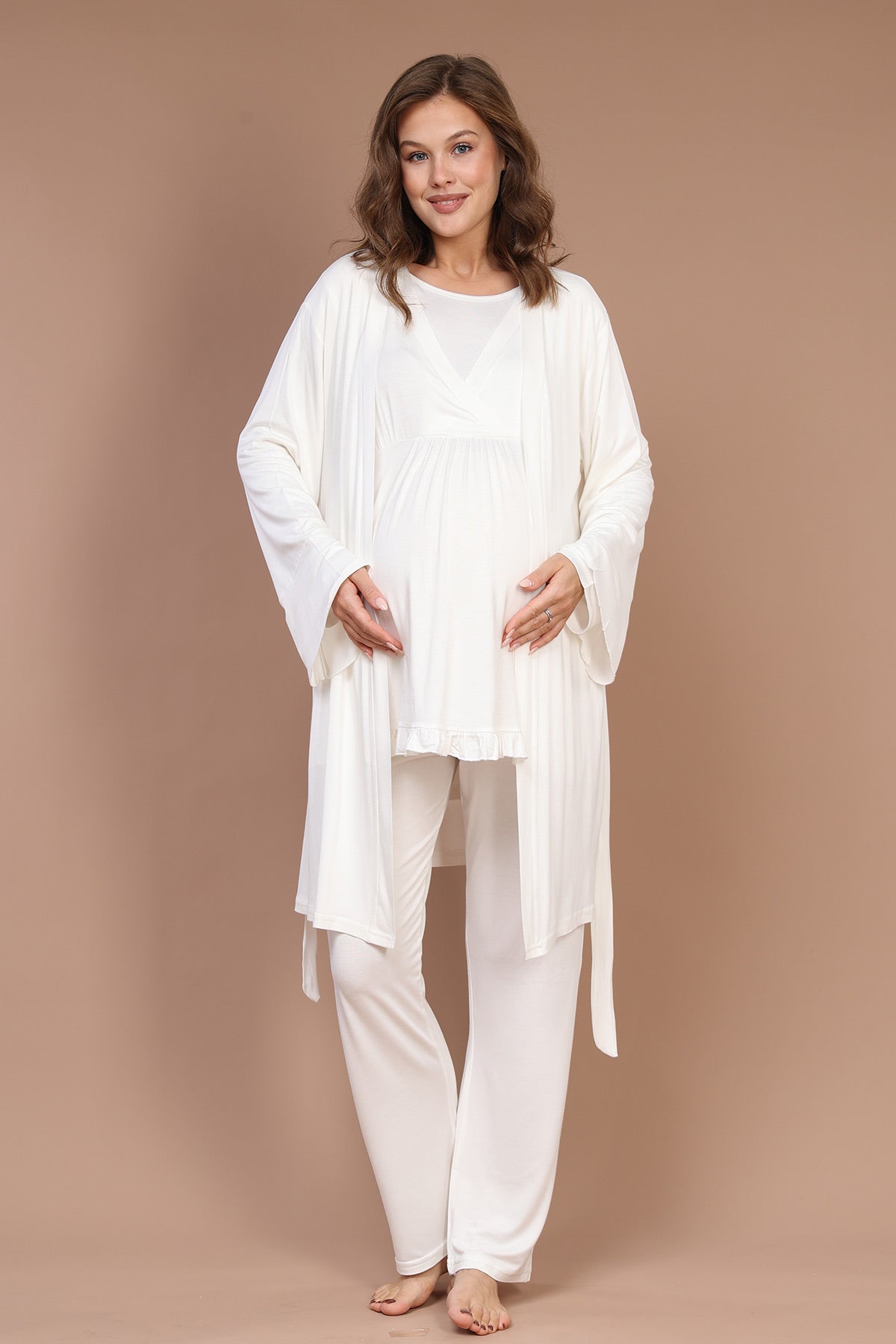 Breastfeeding Detailed 3-Piece Maternity-Nursing Pajama & Robe Set Ecru - 624