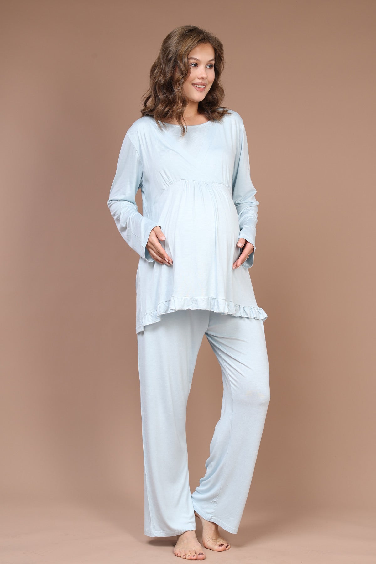 Breastfeeding Detailed 3-Piece Maternity-Nursing Pajama & Robe Set Blue - 625