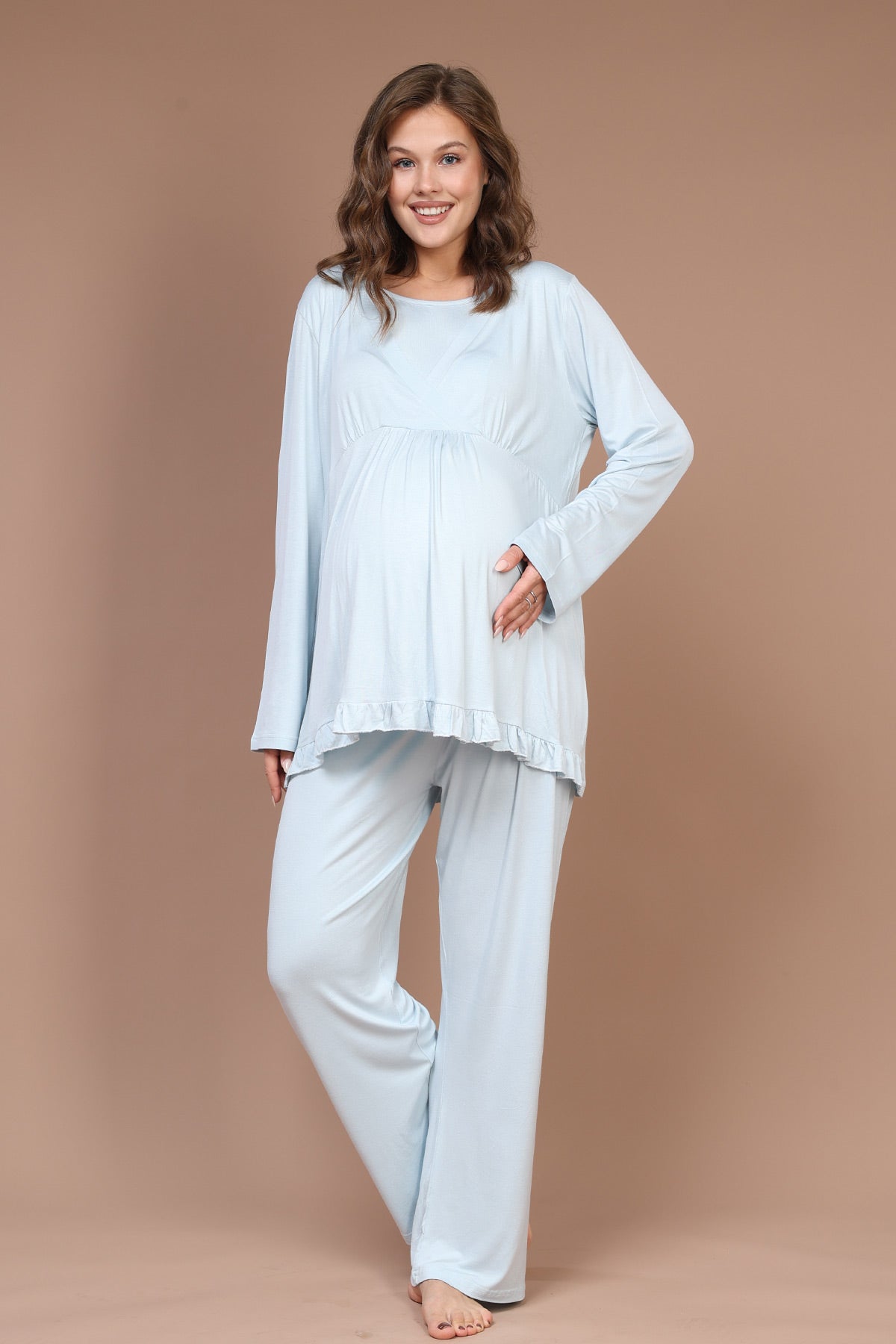 Breastfeeding Detailed 3-Piece Maternity-Nursing Pajama & Robe Set Blue - 625