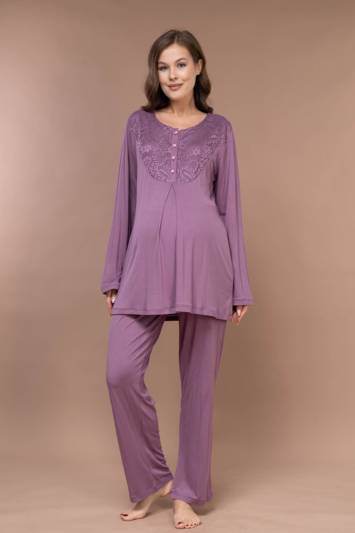 Lace Collar Patterned 3-Piece Maternity-Nursing Pajama & Robe Set Plum - 628