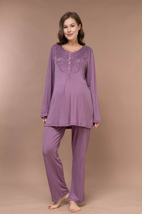 Lace Collar Patterned 3-Piece Maternity-Nursing Pajama & Robe Set Plum - 628