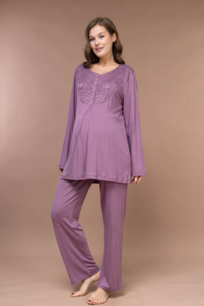 Lace Collar Patterned 3-Piece Maternity-Nursing Pajama & Robe Set Plum - 628