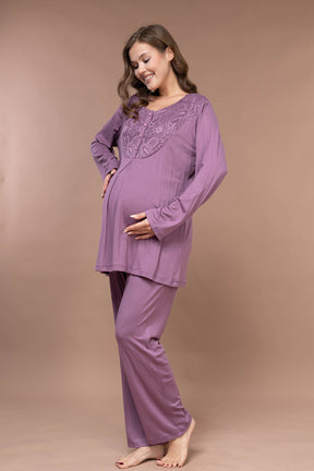 Lace Collar Patterned 3-Piece Maternity-Nursing Pajama & Robe Set Plum - 628