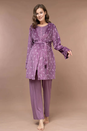 Lace Collar Patterned 3-Piece Maternity-Nursing Pajama & Robe Set Plum - 628