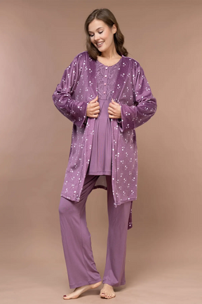 Lace Collar Patterned 3-Piece Maternity-Nursing Pajama & Robe Set Plum - 628