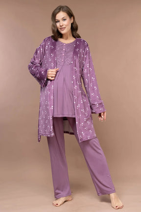 Lace Collar Patterned 3-Piece Maternity-Nursing Pajama & Robe Set Plum - 628